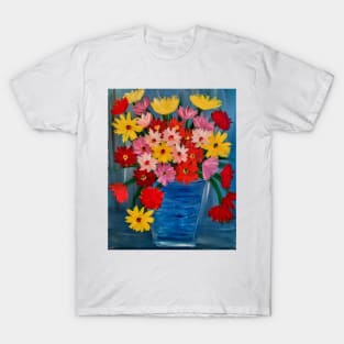 A lovely abstract background and vibrant flowers in a glass vase . T-Shirt